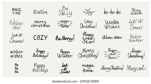 Merry christmas hand drawn lettering banner big set. Typography emblem. Text calligraphy inscription card design. Winter holiday poster template. Wishing handwritten postcard.