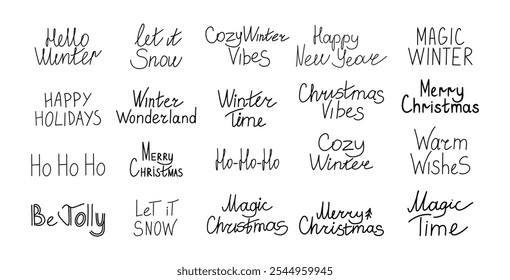 Merry christmas hand drawn lettering banner big set. Typography emblem. Text calligraphy inscription card design. Winter holiday poster template. Wishing handwritten postcard.	
