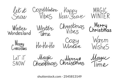 Merry christmas hand drawn lettering banner big set. Typography emblem. Text calligraphy inscription card design. Winter holiday poster template. Wishing handwritten postcard.