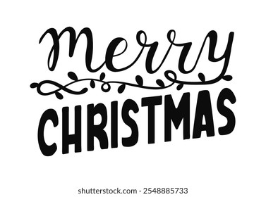 Merry Christmas hand drawn lettering with lights. Greeting prominently styled with elegant words and embellishments. Perfect for holiday celebrations.