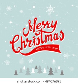 Merry Christmas hand drawn lettering over beautiful winter background vector illustration.