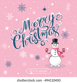 Merry Christmas hand drawn lettering with snowman vector illustration.