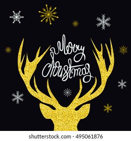'Merry Christmas'  hand drawn lettering with deer greeting card vector illustration. Golden glitter Reindeer decoration christmas element. 