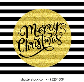 Merry Christmas hand drawn lettering sign text over golden circle and striped background vector illustration.