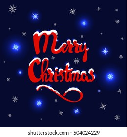 Merry Christmas hand drawn lettering in red color with sparkles snow and snowflakes, shiny and bright wish, design for Christmas holidays New Year card, isolated on dark blue background, vector eps 10