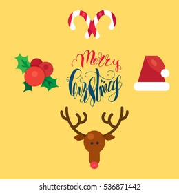 Merry Christmas Hand Drawn Lettering with Happy Deer, Santa Claus Hat, Holly berries, Caramel Wand. Xmas Design Label Elements for invitation, greeting, card and title, sticker, emblem, print. Vector