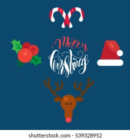Merry Christmas Hand Drawn Lettering with Happy Deer, Santa Claus Hat, Holly berries, Caramel Wand. Xmas Design Label Elements for invitation, greeting, card and title, sticker, emblem, print. Vector