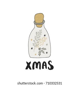 Merry Christmas - hand drawn Christmas lettering with Xmas decoration. Cute New Year clip art. Vector illustration.