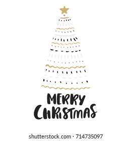 Merry Christmas - hand drawn Christmas lettering quote. Cute New Year phrase. Vector illustration.