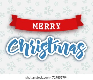 Merry Christmas hand drawn lettering on snowflakes pattern, vector illustration. Red decoration ribbon, graphic design elements. Merry Christmas banner, flyer, background.