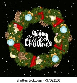 Merry Christmas hand drawn lettering. Christmas card with wreath. Vector illustration.