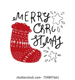 Merry Christmas hand drawn lettering design elements. Sock for gift and stars. Stock vector
