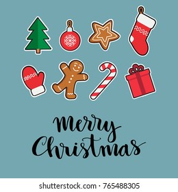 Merry Christmas hand drawn lettering, Christmas and New Year symbols set: patches of gingerbread man, candy, gift, ball, christmas tree, mitten on green background. Vector illustration.