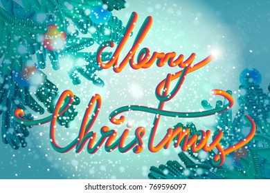 Merry Christmas Hand Drawn Lettering With Fir And Snow. Happy New Year illustration. Xmas Design Label Elements for holiday invitation, greeting, card and headline, title, emblem, print. Vector