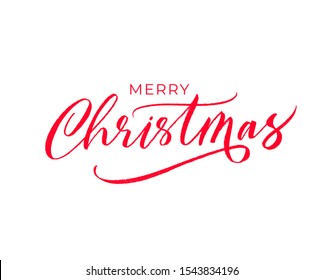 Merry Christmas hand drawn modern brush calligraphy. Red lettering isolated on white background. Christmas vector ink illustration. Creative typography for Holiday greeting gift poster, cards, banner