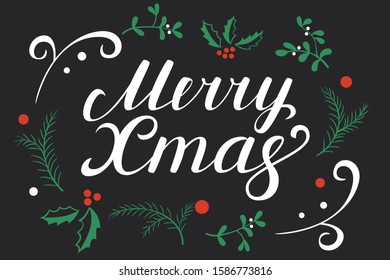 Merry Christmas hand drawn modern brush calligraphy. White lettering on the dark background. Christmas vector ink illustration. Creative typography for Holiday greeting gift poster, cards, banner.