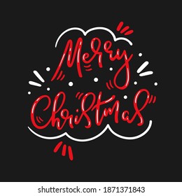 Merry Christmas hand drawn modern lettering with decorative elements and polka dots - Vector illustration isolated, red and white on dark grey background