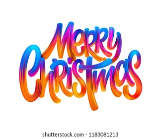 Merry christmas hand drawn oil paint lettering. Rainbow acrylic decoration on white background. Christmas gradient brushstrokes. Xmas paint lettering. Banner, poster 3d design element. Isolated vector