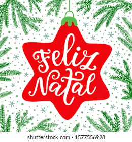 Merry Christmas hand drawn phrase in Portuguese language on the traditional red decorative star and green fir tree branches background. Vintage style greeting card design EPS 10 vector illustration