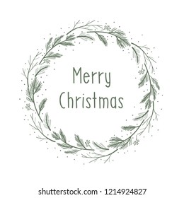 Merry Christmas. Hand drawn pine branches wreath. Nature vector illustration.