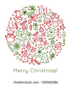 Merry Christmas. Hand drawn Christmas round design . Traditional winter holiday elements with Santa Claus isolated on white background. Doodle style vector illustration