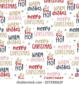 Merry Christmas hand drawn seamless background with calligraphy. Handwritten lettering. Abstract vector pattern on white background in vector. Decorative holiday pattern for greeting card, fabric