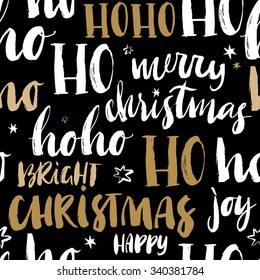 Merry Christmas hand drawn seamless pattern with calligraphy. Handwritten modern brush lettering. Dry brush and rough edges ink doodle illustration. Abstract vector background