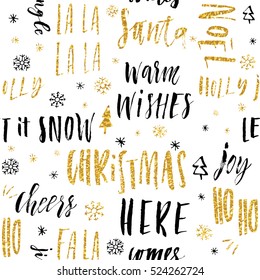 Merry Christmas hand drawn seamless background with calligraphy. Handwritten textured brush lettering. Abstract vector seamless pattern.
