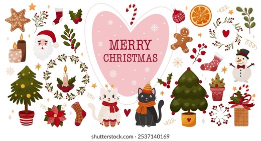 Merry Christmas hand drawn set individual elements. Cats, Christmas tree, snowman, gingerbread, gift, socks, holly berry, santa. Colored trendy vector illustration. Winter festivities stickers