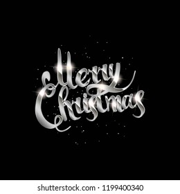 Merry Christmas hand drawn silver lettering text over beautiful winter background vector illustration. Holiday xmas poster or postcard.