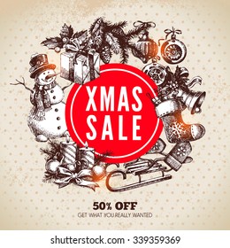 Merry Christmas hand drawn sketch holiday frame background. Happy New Year card. Xmas sale design. Vector illustration