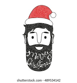 Merry Christmas hand drawn style illustration with man head and lettering text. Holiday typography doodle style poster, funny print design