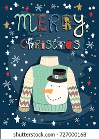 Merry christmas. Hand drawn christmas sweater with snowman. Colored vector greeting card