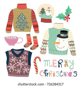 Merry christmas. Hand drawn christmas sweaters and other winter elements. Colored vector set. All elements are isolated