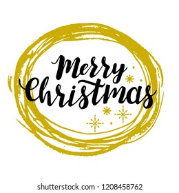 Merry Christmas hand drawn text. New Year winter holidays vector inscription Merry Christmas with decorating elements. Could be used for greeting cards, banners, gifts and etc. White background.  