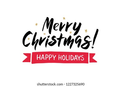 Merry Christmas - hand drawn text with snowflake. Template for greeting card, party invitation, banner, postcard. Celebration lettering typography poster. Vector illustration