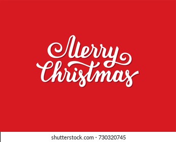 Merry Christmas hand drawn text, font, type composition. Calligraphy lettering xmas greeting card, banner or poster design on red background.