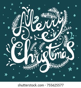Merry Christmas hand drawn text design. Vector logo, typography. Usable as banner, greeting card, gift package etc.