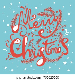 Merry Christmas hand drawn text design. Vector logo, typography. Usable as banner, greeting card, gift package etc.