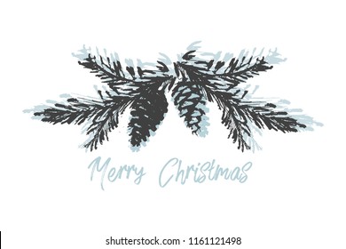 Merry Christmas Hand Drawn christmas tree branch and lettering isolated on white. Cute xmas holiday background for postcards, invitations, greeting cards, banners, posters, etc. Made in vector