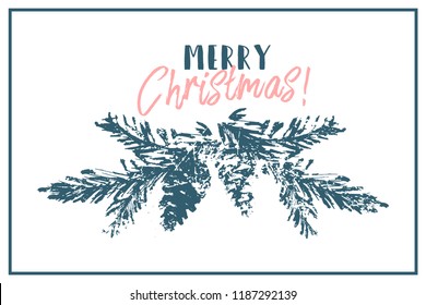 Merry Christmas Hand Drawn christmas tree branch and lettering isolated on white. Cute xmas holiday background for postcards, invitations, greeting cards, banners, posters, etc. Made in vector