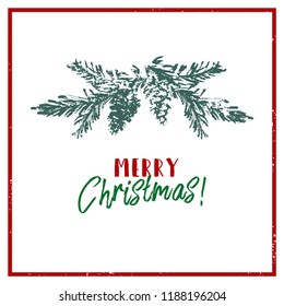 Merry Christmas Hand Drawn christmas tree branch and lettering isolated on white. Cute xmas holiday background for postcards, invitations, greeting cards, banners, posters, etc. Made in vector