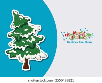 Merry christmas hand drawn christmas tree sticker with snow on the leaves. Illustration vector. Winter Holiday Isolated Pines for Greeting Cards and Invitation Design