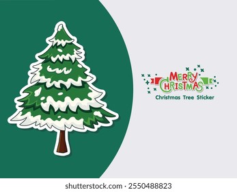 Merry christmas hand drawn christmas tree sticker with snow on the leaves. Illustration vector. Winter Holiday Isolated Pines for Greeting Cards and Invitation Design