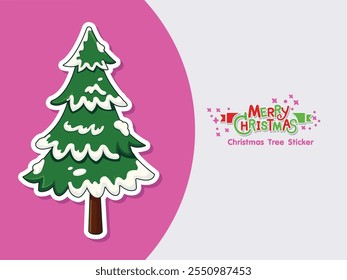 Merry christmas hand drawn christmas tree sticker with snow on the leaves. Illustration vector. Winter Holiday Isolated Pines for Greeting Cards and Invitation Design