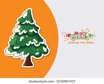 Merry christmas hand drawn christmas tree sticker with snow on the leaves. Illustration vector. Winter Holiday Isolated Pines for Greeting Cards and Invitation Design