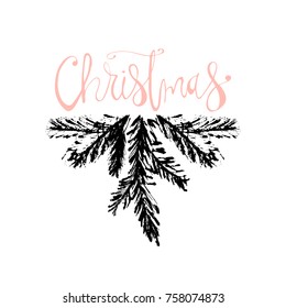 Merry Christmas Hand Drawn christmas tree branch and lettering isolated on white. Cute xmas holiday background for postcards, invitations, greeting cards, banners, posters, etc. Made in vector