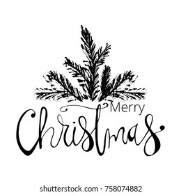 Merry Christmas Hand Drawn christmas tree branch and lettering isolated on white. Cute xmas holiday background for postcards, invitations, greeting cards, banners, posters, etc. Made in vector