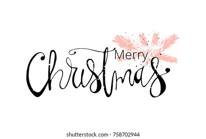 Merry Christmas Hand Drawn christmas tree branch and lettering isolated on white. Cute xmas holiday background for postcards, invitations, greeting cards, banners, posters, etc. Made in vector