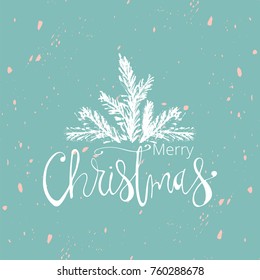 Merry Christmas Hand Drawn christmas tree branch and lettering on pastel tiffany color. Cute xmas holiday background for postcards, invitations, greeting cards, banners, posters, etc. Made in vector